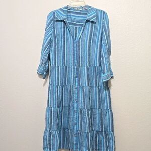 Soft Surroundings Women Size L Blue Santa Cruz Linen Tiered Midi   Dress
